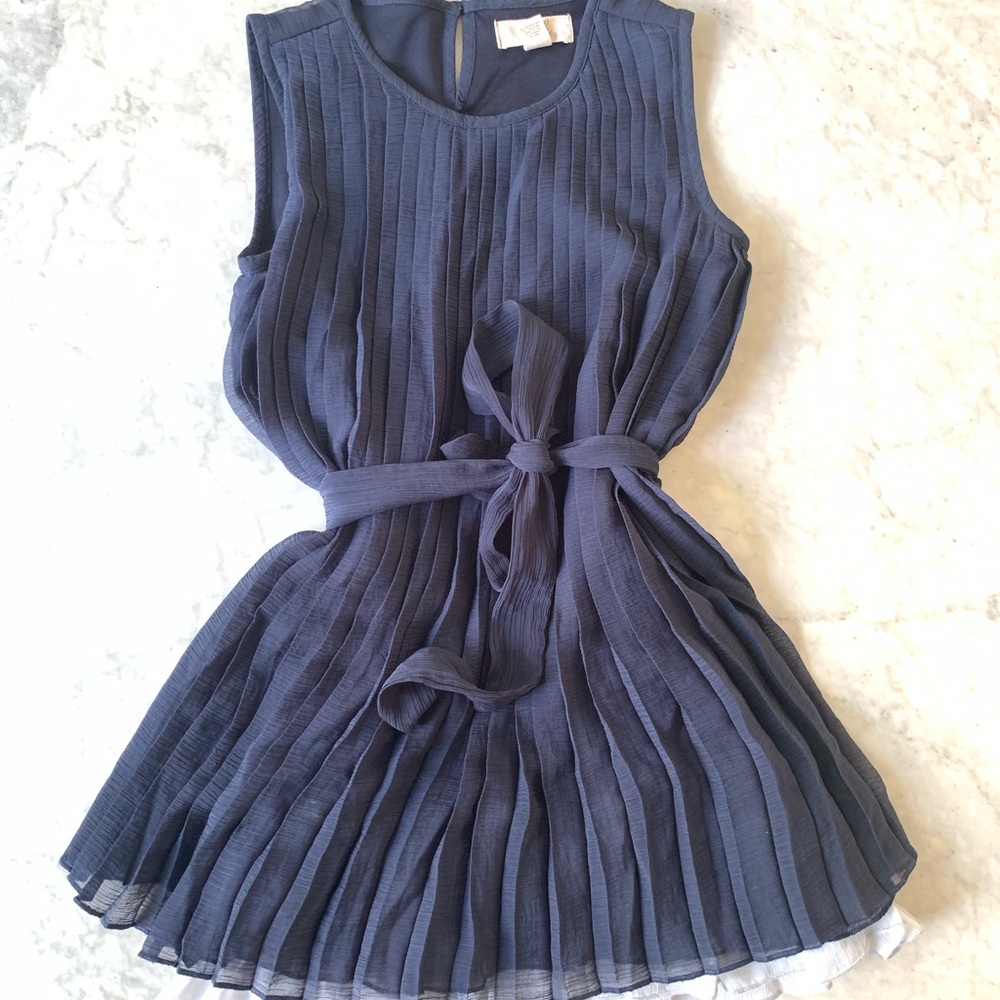 Peek Pleated Navy Gray Belt Silky Dress M 6-7 New